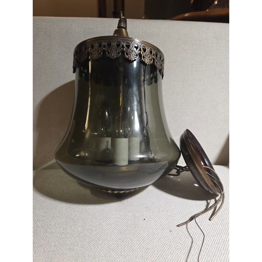 70's Swag Pendant Smoked Glass Bell 7in Brass #2